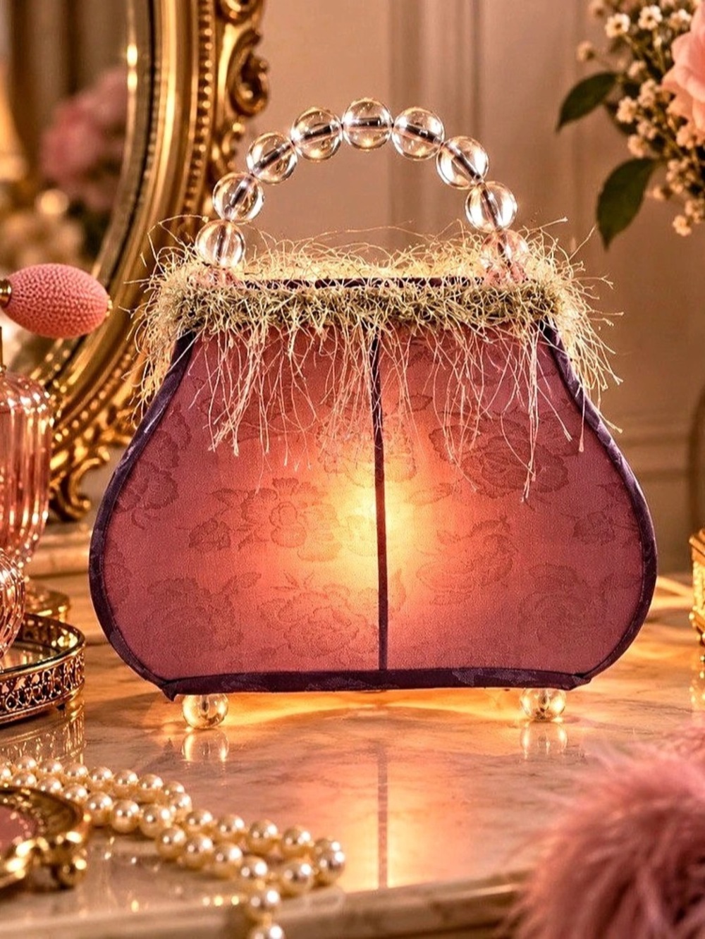 Vintage Pink Purse Accent Lamp Beaded Handle Faux Fur Kitschy Decor